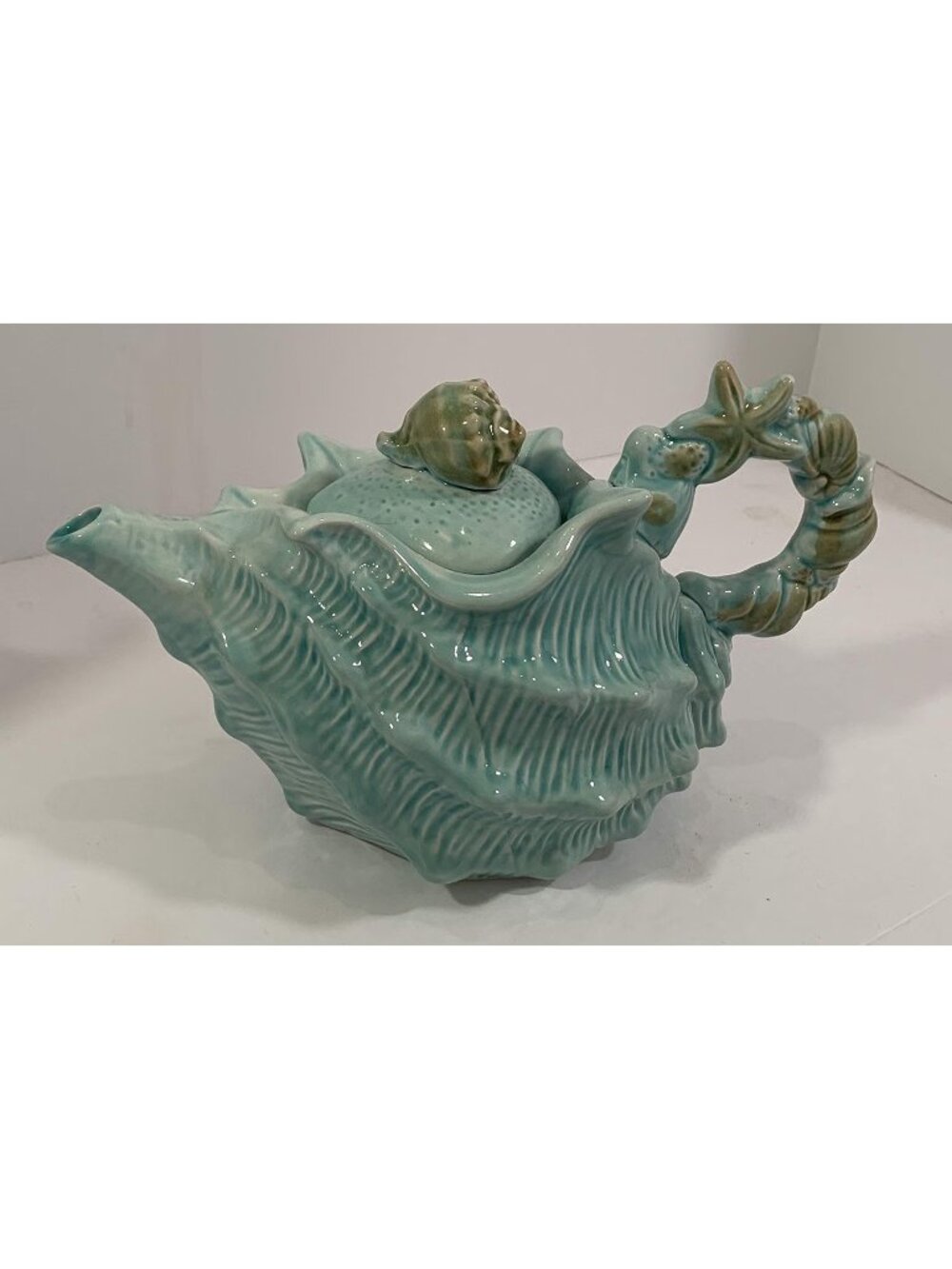 Blue Conch Sea Shell Teapot Ceramic Nautical Seawave Ocean Beach Blue Sky